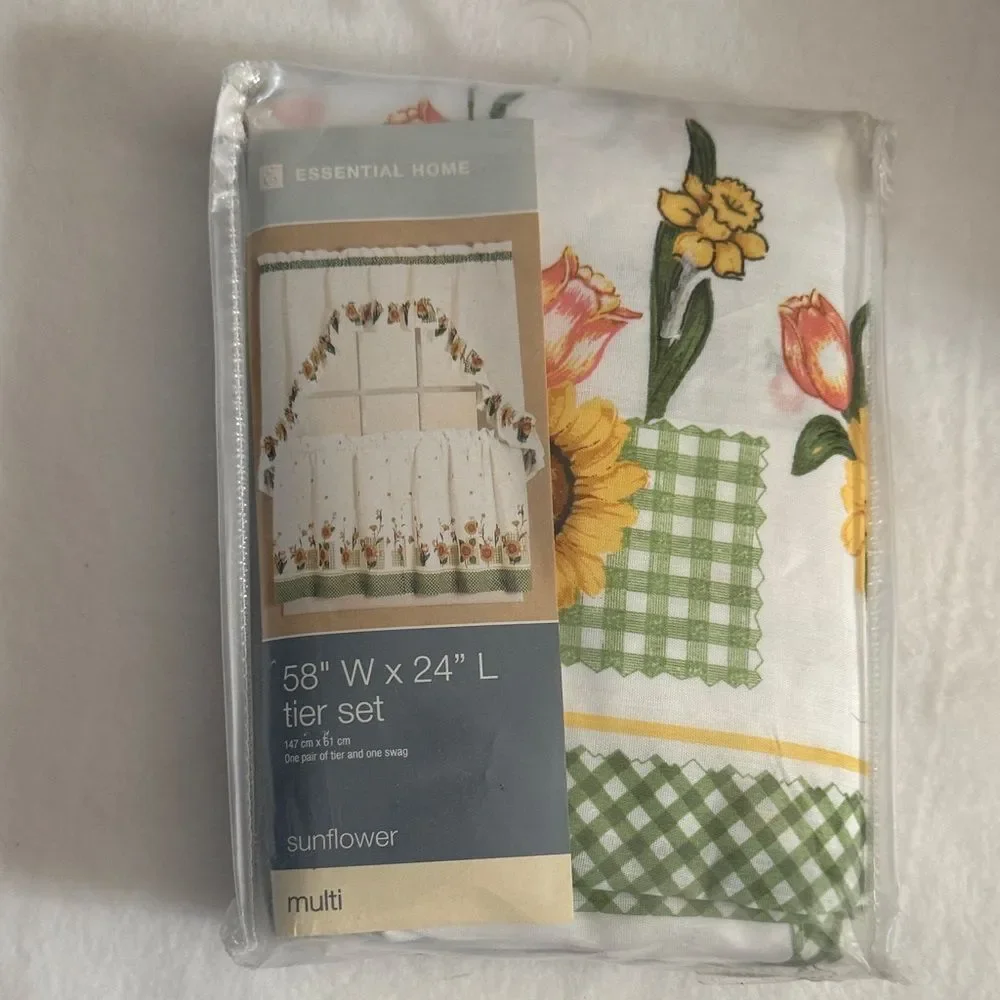 Vintage Sunflower Gingham Kitchen Curtain Cafe Curtains
